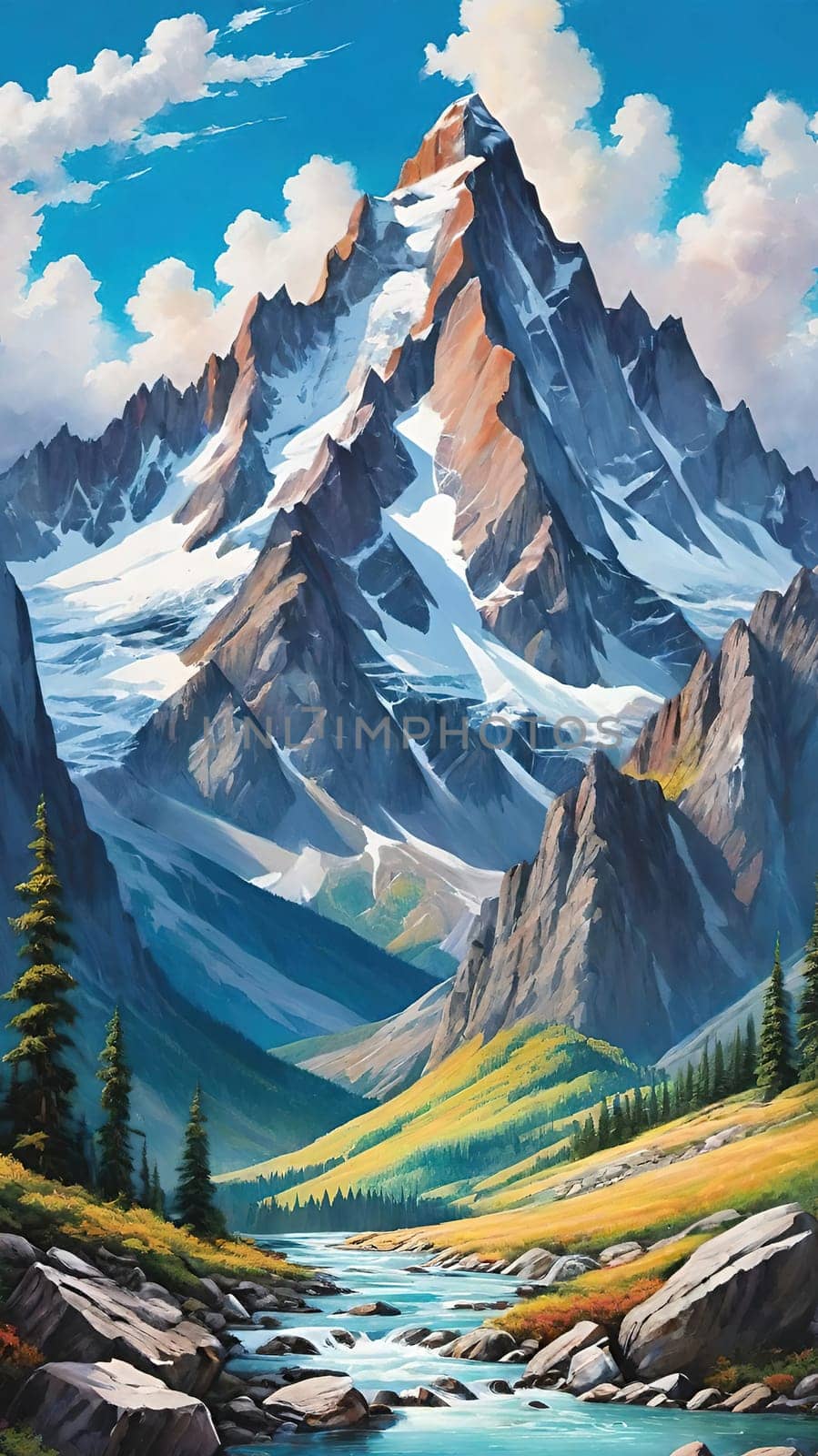 Majestic Mountain Peaks and Serene Valley.A breathtaking digital painting showcasing the grandeur of towering mountains with sharp peaks reaching towards a clear blue sky adorned with wispy clouds. The serene valley below basks in the warmth of sunlight filtering through the mountains, highlighting the wild grasses that sway gently in the breeze. Perfect for conveying themes of natural splendor, exploration, or as an inspiring backdrop.