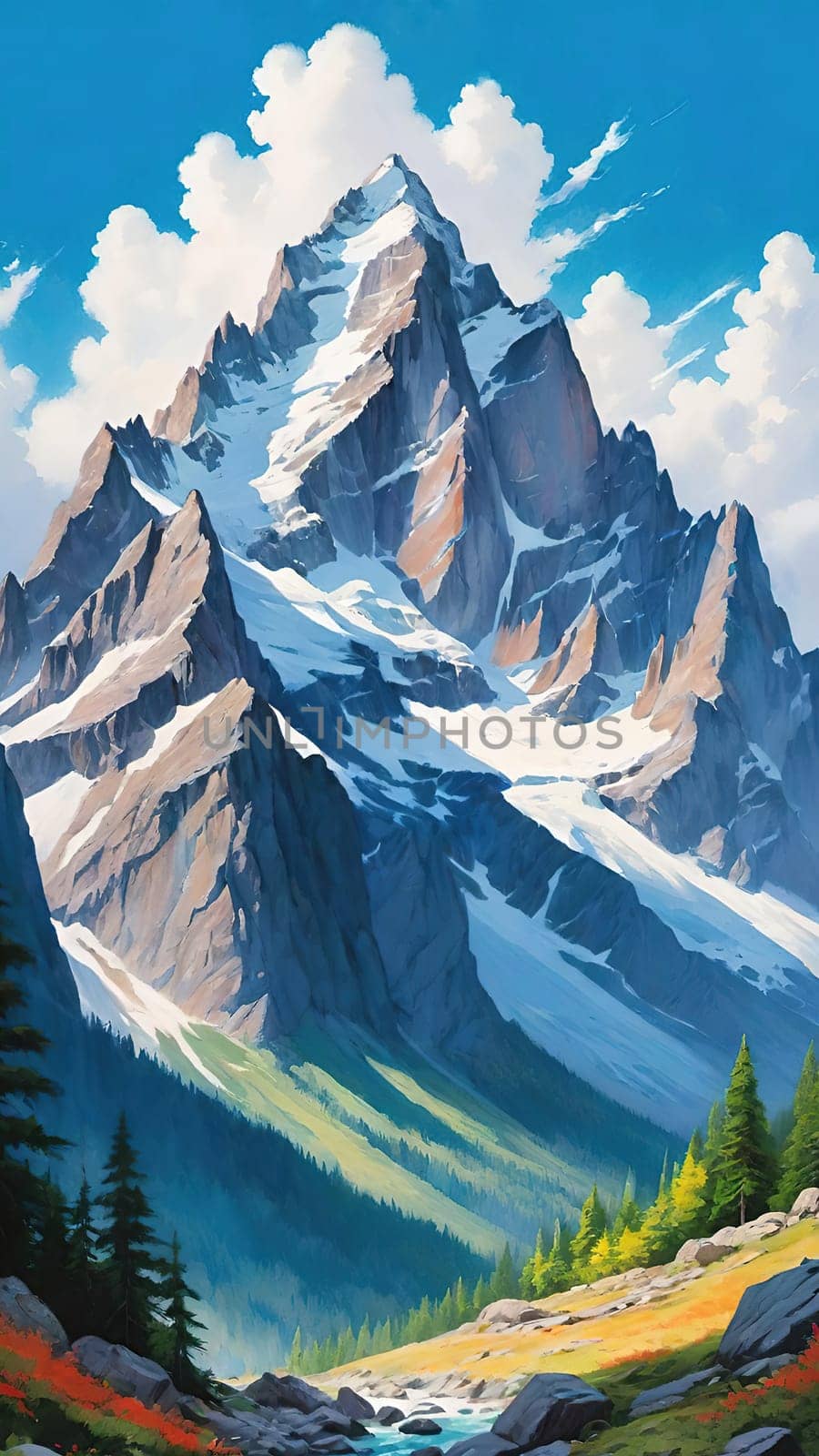 Majestic Mountain Peaks and Serene Valley.A breathtaking digital painting showcasing the grandeur of towering mountains with sharp peaks reaching towards a clear blue sky adorned with wispy clouds. The serene valley below basks in the warmth of sunlight filtering through the mountains, highlighting the wild grasses that sway gently in the breeze. Perfect for conveying themes of natural splendor, exploration, or as an inspiring backdrop.