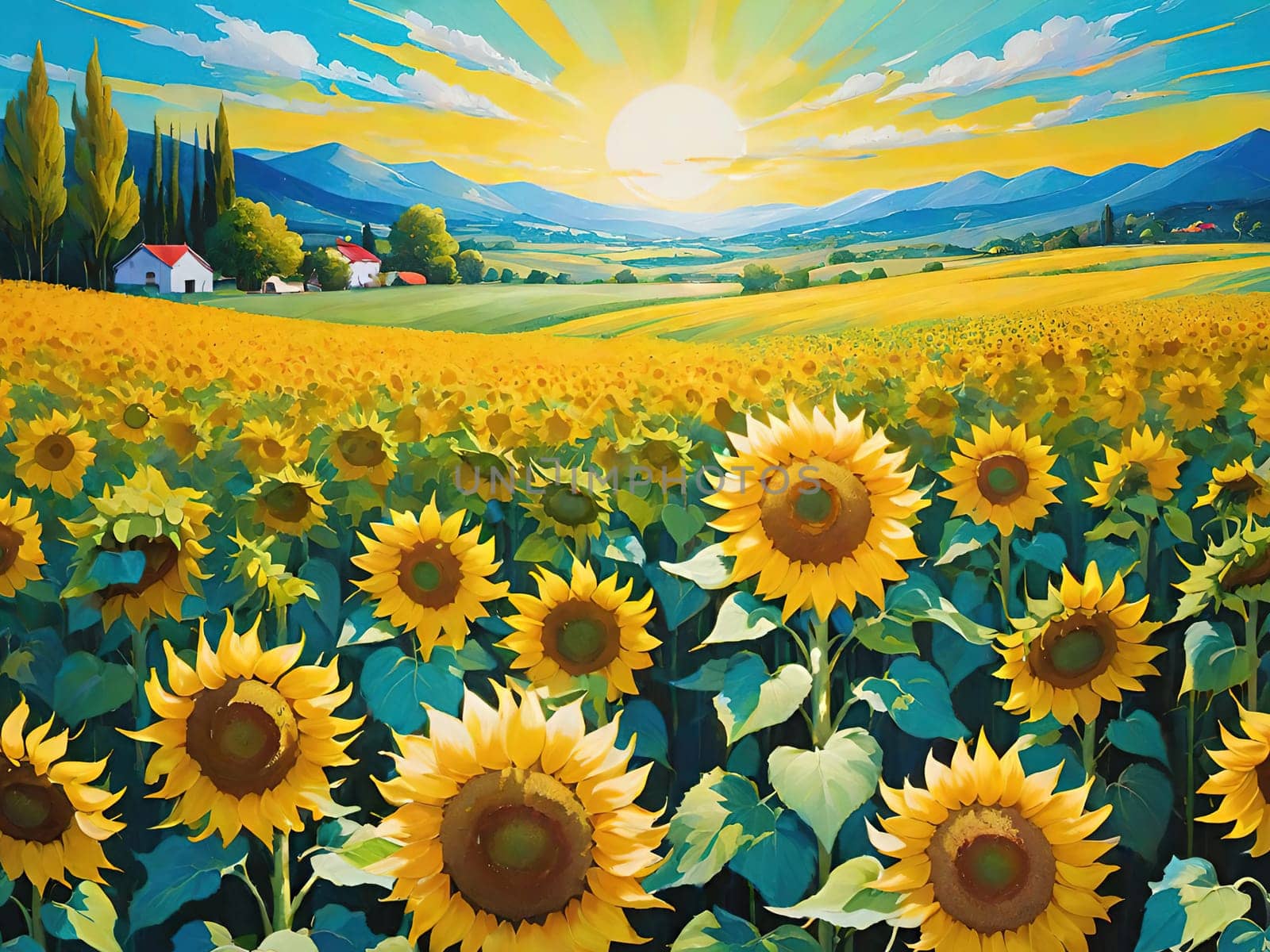 Sunset over Sunflower Field .A Symphony of Nature.Capture the essence of natural beauty with this stunning image showcasing an expansive field of sunflowers bathed in the warm glow of a setting or rising sun. Perfect for illustrating themes of growth, sustainability, and the simple joys of nature.