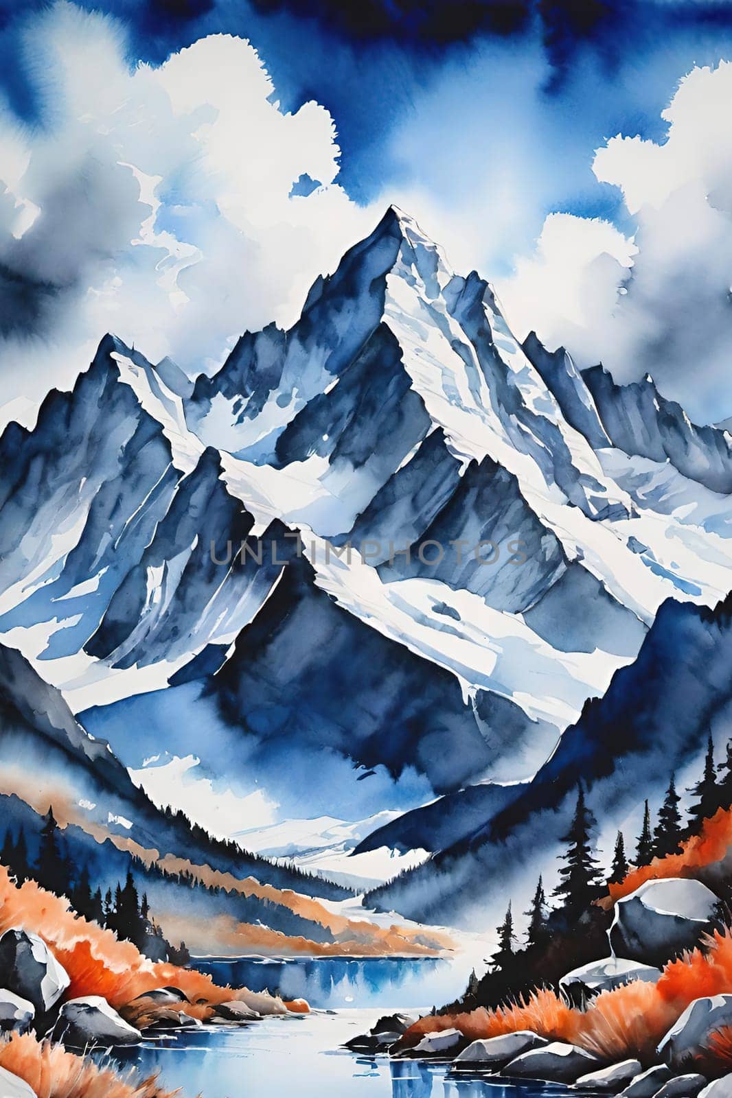 Majestic Mountain Peaks and Serene Valley.A breathtaking digital painting showcasing the grandeur of towering mountains with sharp peaks reaching towards a clear blue sky adorned with wispy clouds. The serene valley below basks in the warmth of sunlight filtering through the mountains, highlighting the wild grasses that sway gently in the breeze. Perfect for conveying themes of natural splendor, exploration, or as an inspiring backdrop.