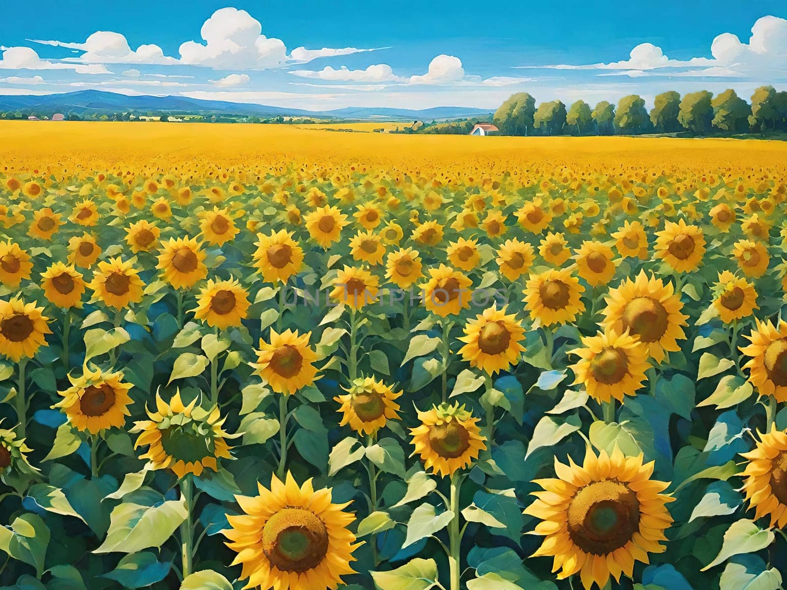 Sunset over Sunflower Field .A Symphony of Nature.Capture the essence of natural beauty with this stunning image showcasing an expansive field of sunflowers bathed in the warm glow of a setting or rising sun. Perfect for illustrating themes of growth, sustainability, and the simple joys of nature.