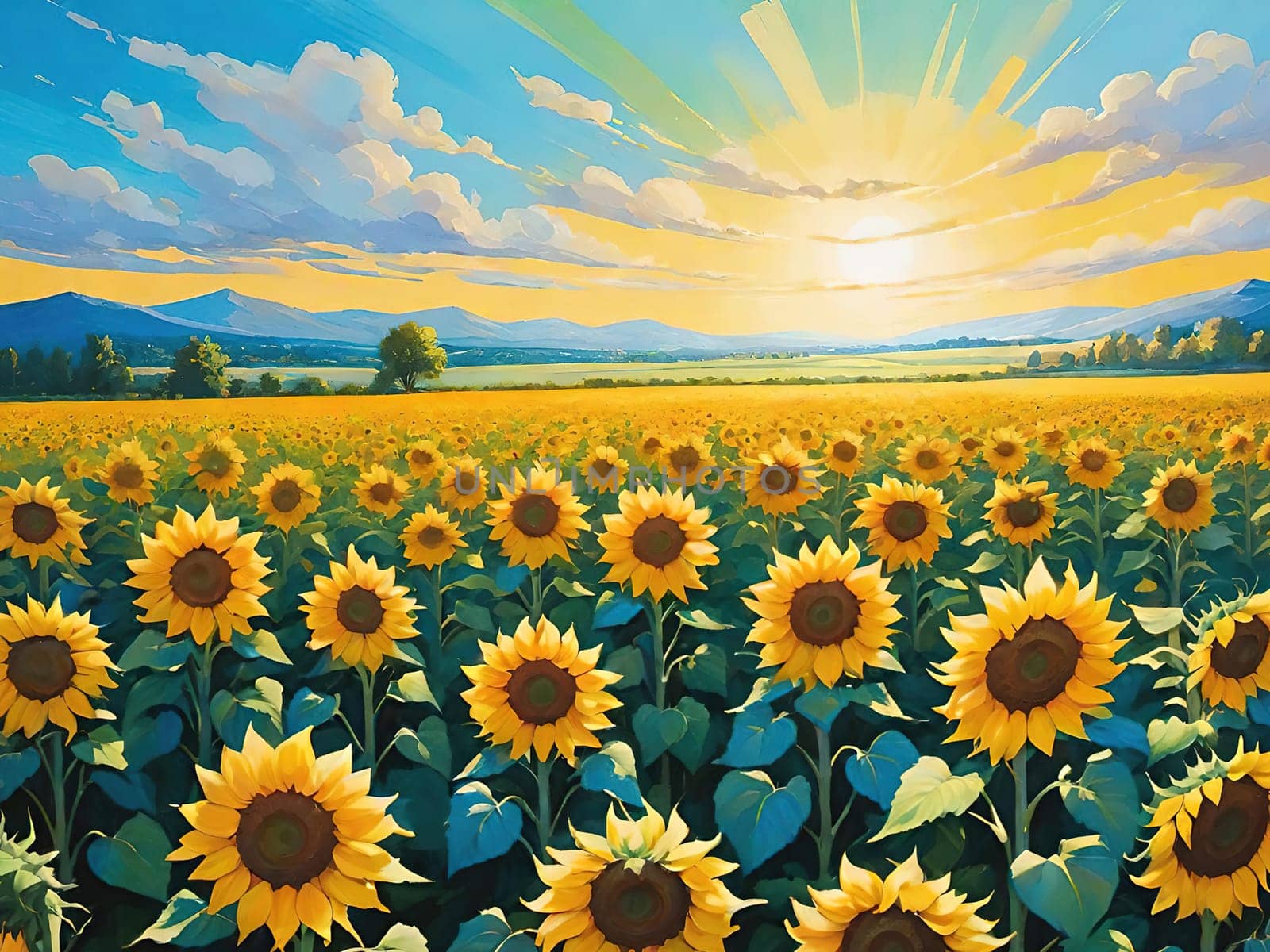 Sunset over Sunflower Field .A Symphony of Nature.Capture the essence of natural beauty with this stunning image showcasing an expansive field of sunflowers bathed in the warm glow of a setting or rising sun. Perfect for illustrating themes of growth, sustainability, and the simple joys of nature.