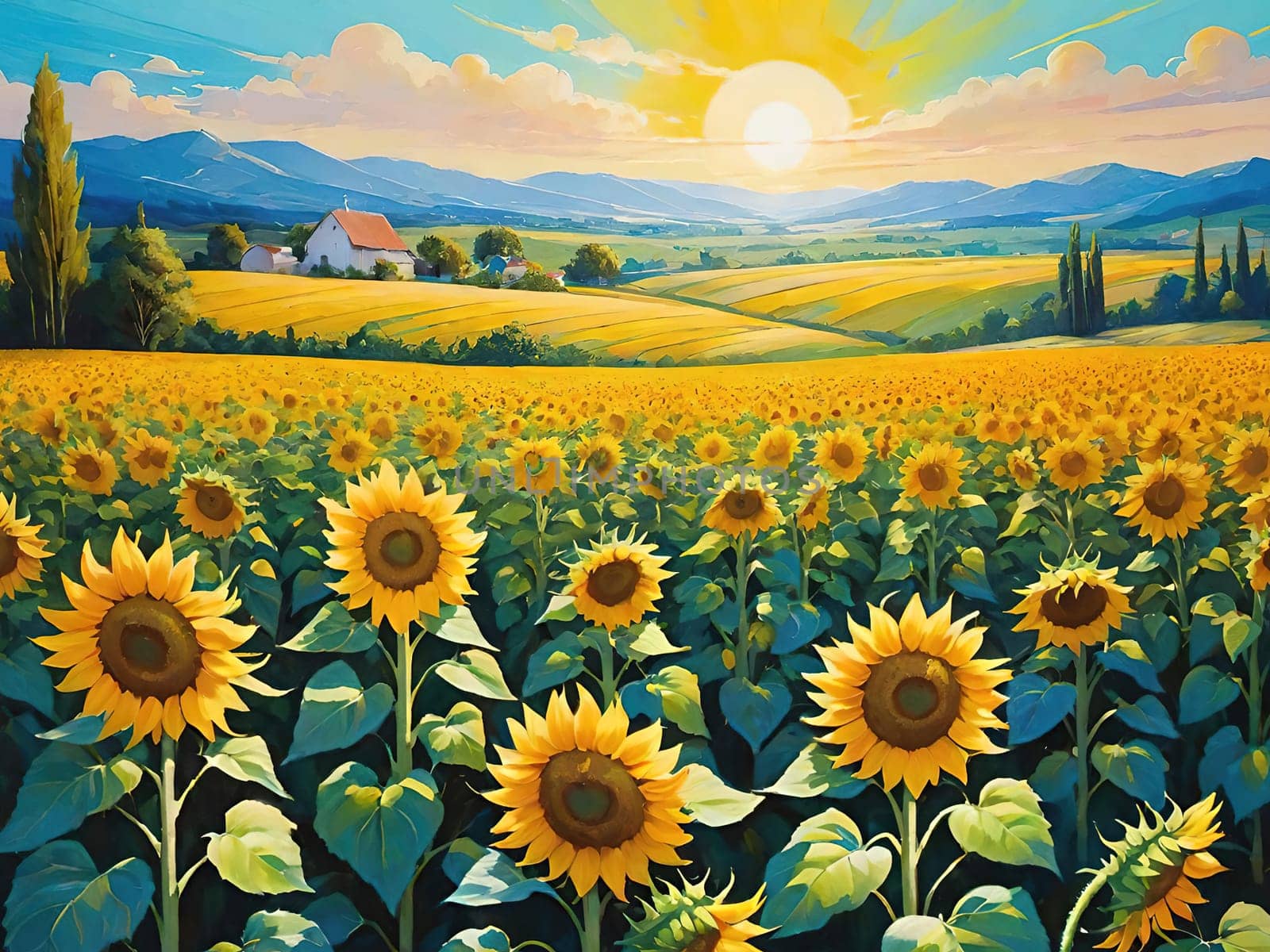 Sunset over Sunflower Field .A Symphony of Nature.Capture the essence of natural beauty with this stunning image showcasing an expansive field of sunflowers bathed in the warm glow of a setting or rising sun. Perfect for illustrating themes of growth, sustainability, and the simple joys of nature.
