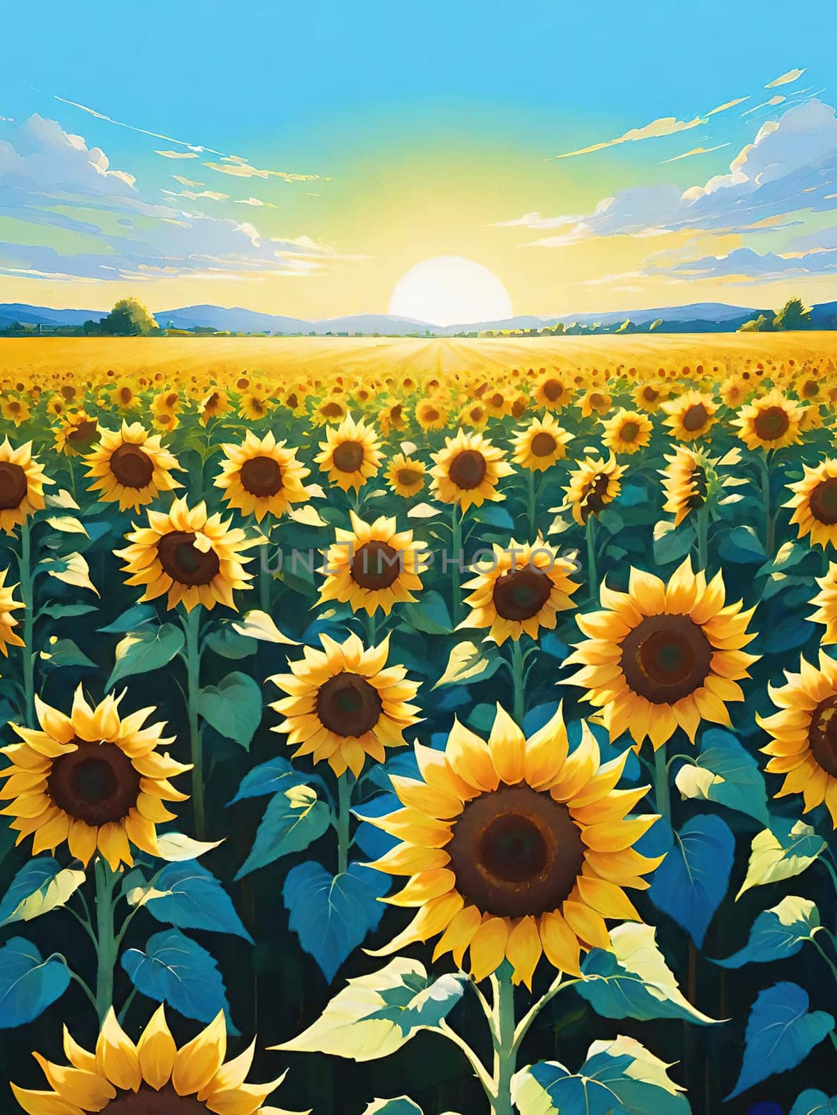 Sunset over Sunflower Field .A Symphony of Nature.Capture the essence of natural beauty with this stunning image showcasing an expansive field of sunflowers bathed in the warm glow of a setting or rising sun. Perfect for illustrating themes of growth, sustainability, and the simple joys of nature.