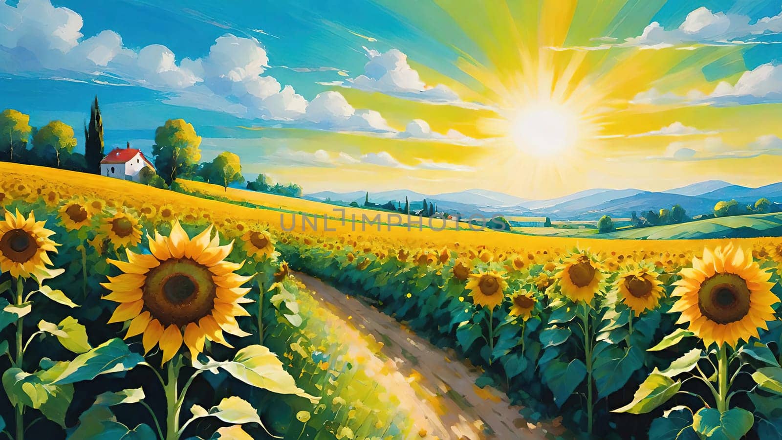 Sunset over Sunflower Field .A Symphony of Nature.Capture the essence of natural beauty with this stunning image showcasing an expansive field of sunflowers bathed in the warm glow of a setting or rising sun. Perfect for illustrating themes of growth, sustainability, and the simple joys of nature.