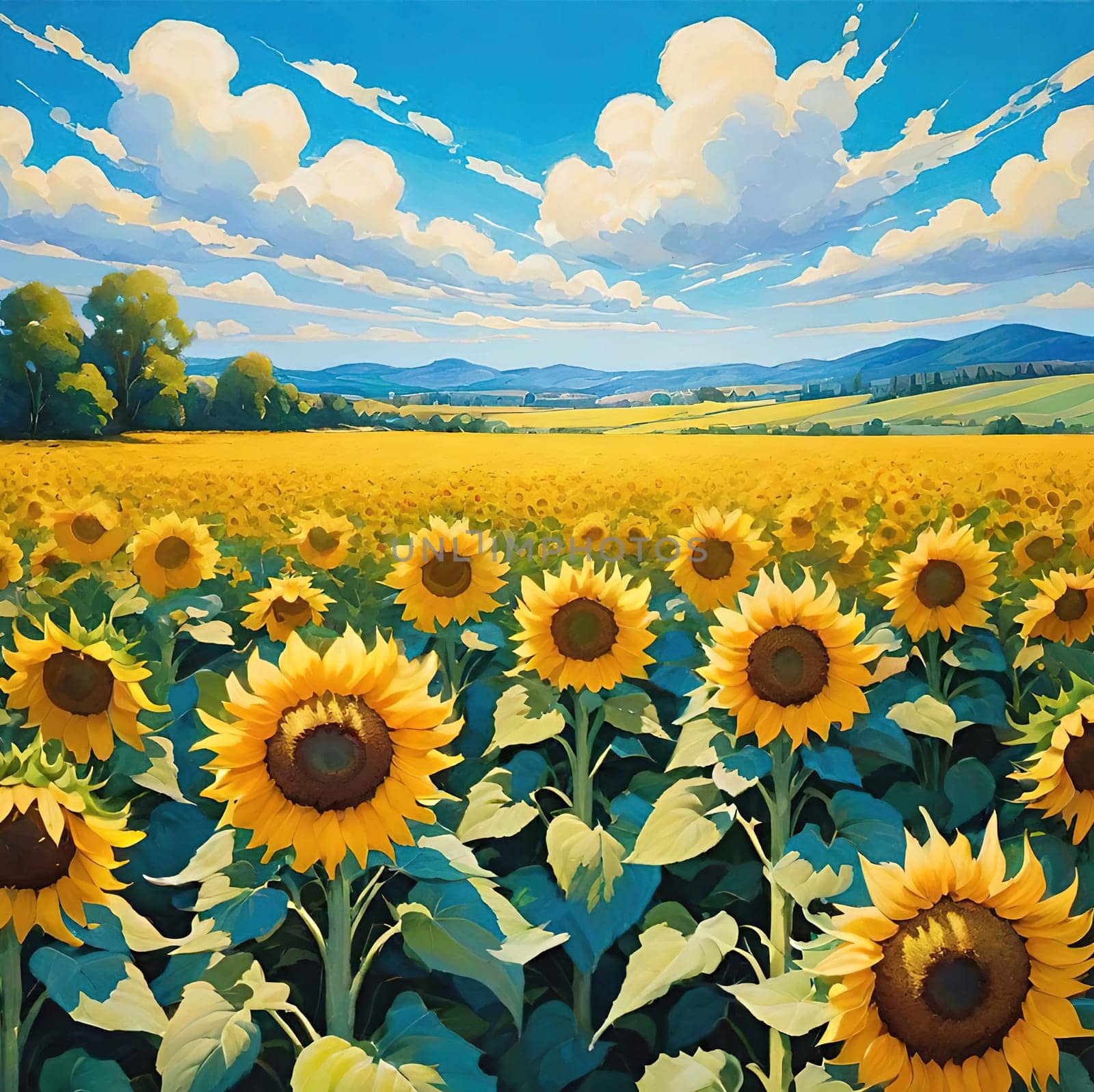 Sunset over Sunflower Field .A Symphony of Nature.Capture the essence of natural beauty with this stunning image showcasing an expansive field of sunflowers bathed in the warm glow of a setting or rising sun. Perfect for illustrating themes of growth, sustainability, and the simple joys of nature.