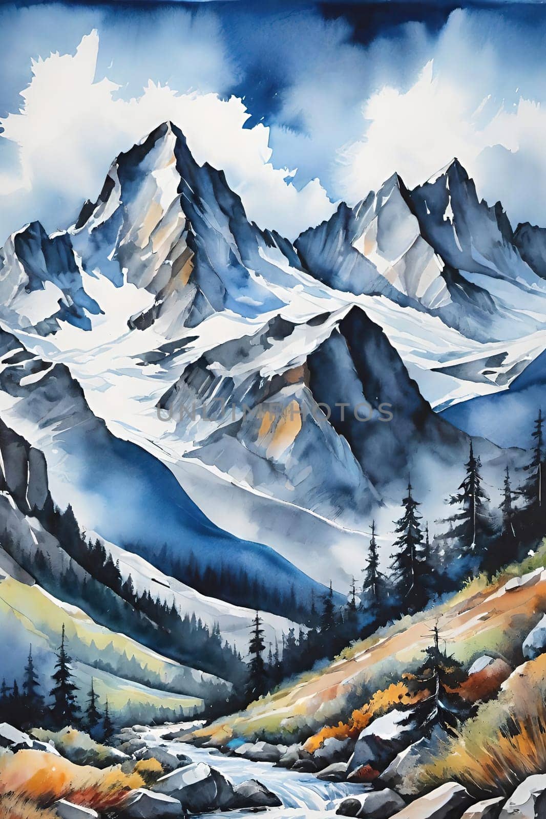 Majestic Mountain Peaks and Serene Valley.A breathtaking digital painting showcasing the grandeur of towering mountains with sharp peaks reaching towards a clear blue sky adorned with wispy clouds. The serene valley below basks in the warmth of sunlight filtering through the mountains, highlighting the wild grasses that sway gently in the breeze. Perfect for conveying themes of natural splendor, exploration, or as an inspiring backdrop.