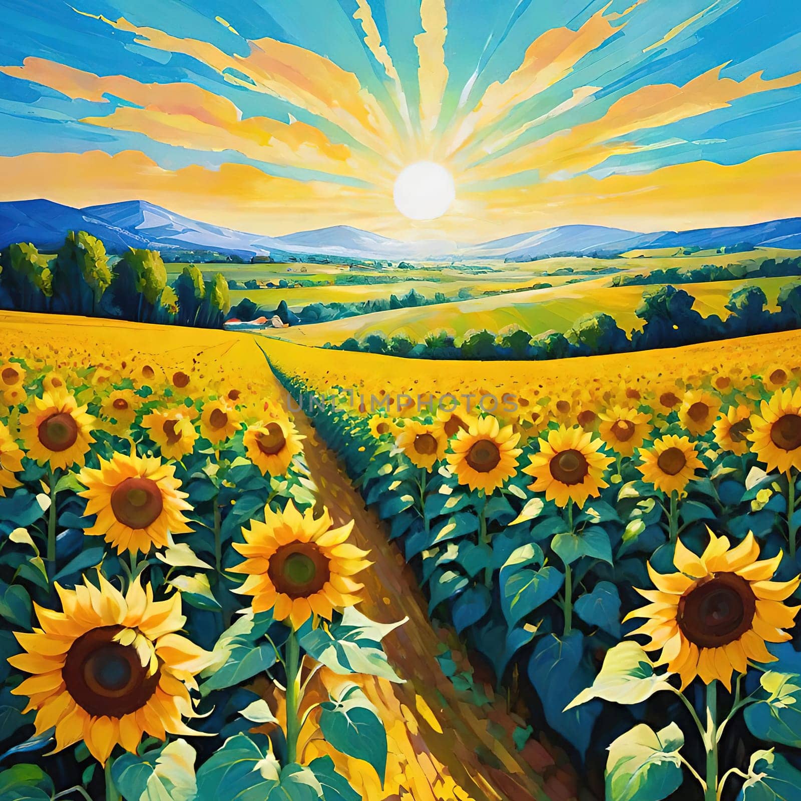 Sunset over Sunflower Field .A Symphony of Nature.Capture the essence of natural beauty with this stunning image showcasing an expansive field of sunflowers bathed in the warm glow of a setting or rising sun. Perfect for illustrating themes of growth, sustainability, and the simple joys of nature.