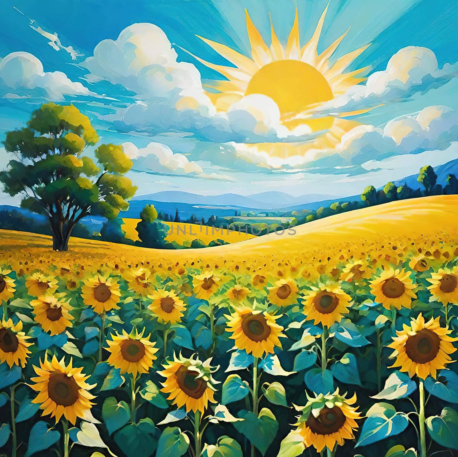Sunset over Sunflower Field .A Symphony of Nature.Capture the essence of natural beauty with this stunning image showcasing an expansive field of sunflowers bathed in the warm glow of a setting or rising sun. Perfect for illustrating themes of growth, sustainability, and the simple joys of nature.