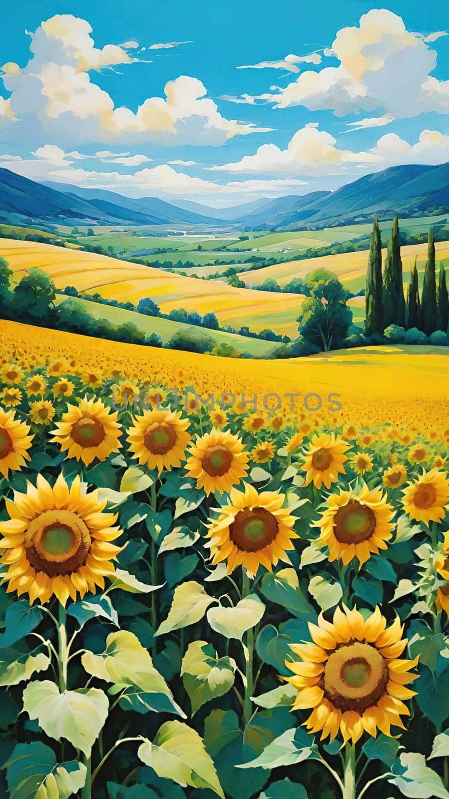 Sunset over Sunflower Field .A Symphony of Nature.Capture the essence of natural beauty with this stunning image showcasing an expansive field of sunflowers bathed in the warm glow of a setting or rising sun. Perfect for illustrating themes of growth, sustainability, and the simple joys of nature.