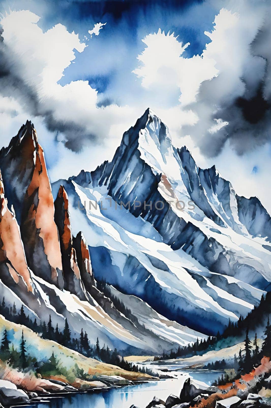Majestic Mountain Peaks and Serene Valley.A breathtaking digital painting showcasing the grandeur of towering mountains with sharp peaks reaching towards a clear blue sky adorned with wispy clouds. The serene valley below basks in the warmth of sunlight filtering through the mountains, highlighting the wild grasses that sway gently in the breeze. Perfect for conveying themes of natural splendor, exploration, or as an inspiring backdrop.