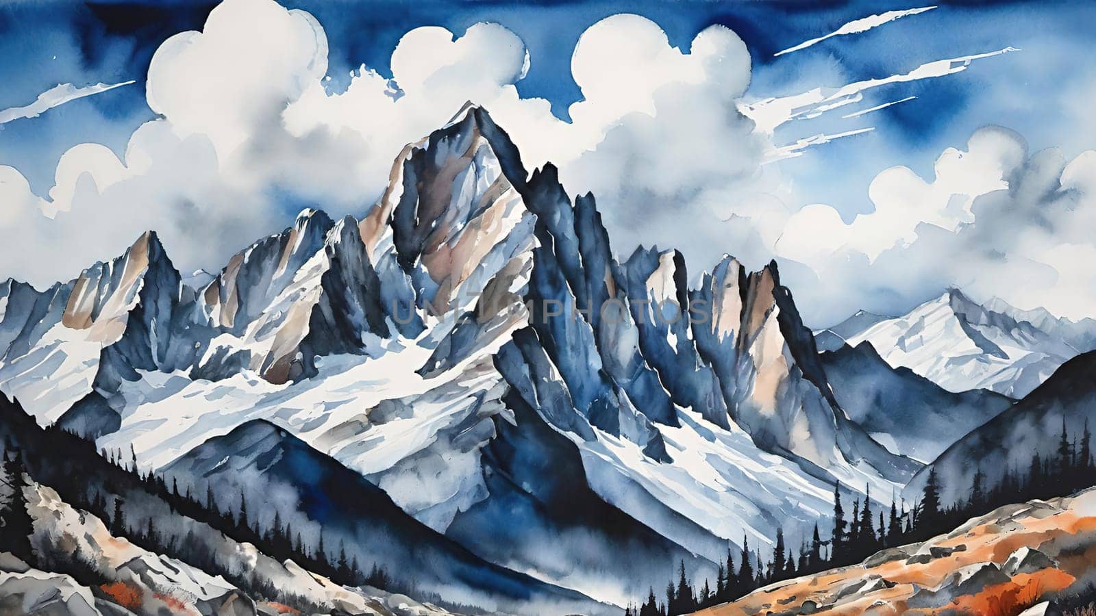 Majestic Mountain Peaks and Serene Valley.A breathtaking digital painting showcasing the grandeur of towering mountains with sharp peaks reaching towards a clear blue sky adorned with wispy clouds. The serene valley below basks in the warmth of sunlight filtering through the mountains, highlighting the wild grasses that sway gently in the breeze. Perfect for conveying themes of natural splendor, exploration, or as an inspiring backdrop.