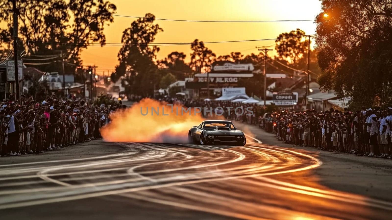 Powerful sports cars race through city streets at sunset, leaving a trail of smoke, thrilling spectators with high speed action