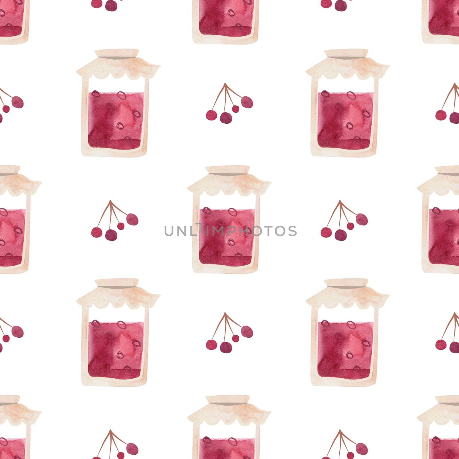 Jam, marmalade from red berries. Transparent glass jar with paper lid or tied with fabric. Vintage style. Seamless watercolor pattern on white background for tablecloth or packaging design