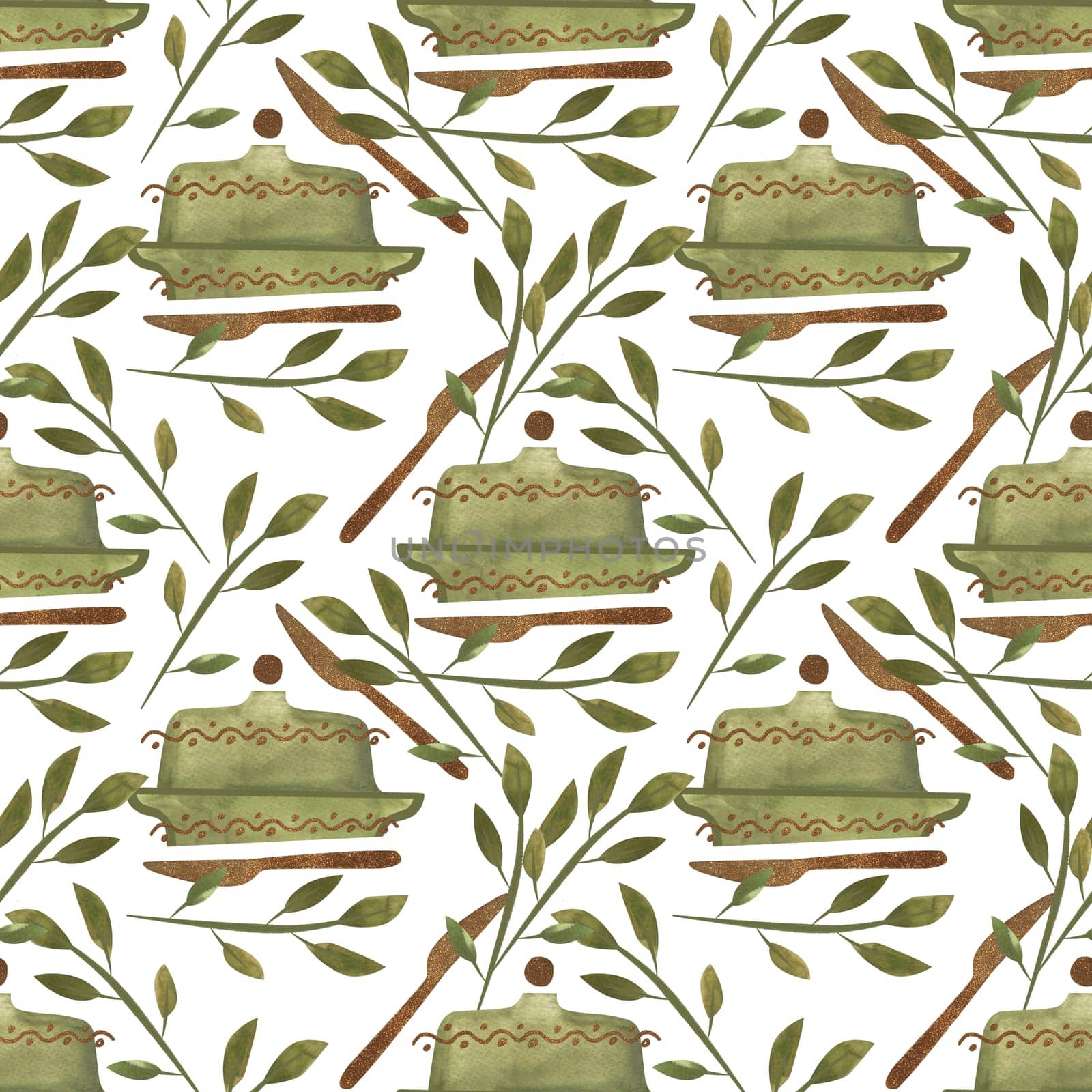 Olive green butter dish for natural farm butter. Gold decor and gilded butter knife. Breakfast. Vintage style. Seamless watercolor pattern on white background for tablecloth or packaging design