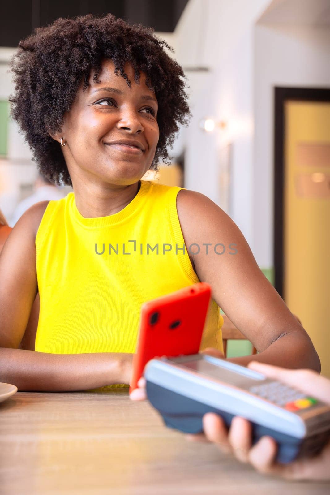 Vertical portrait Happy african american woman holding a credit card and making a payment transaction.
