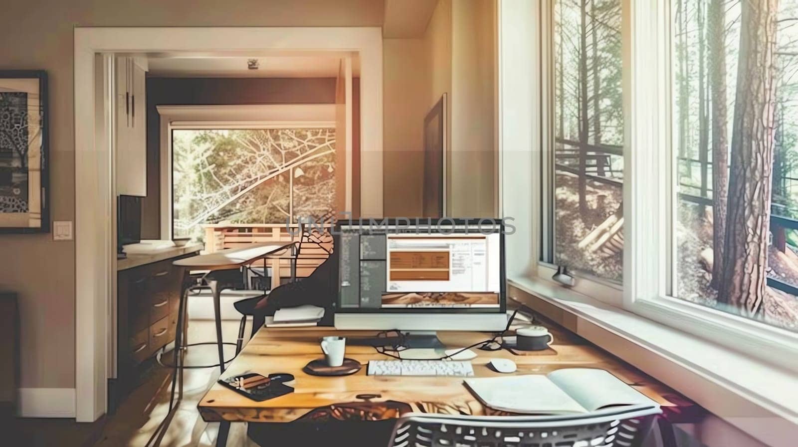 A computer desk with a monitor and keyboard in front of a window. The desk is in a living room with a chair and a dining table