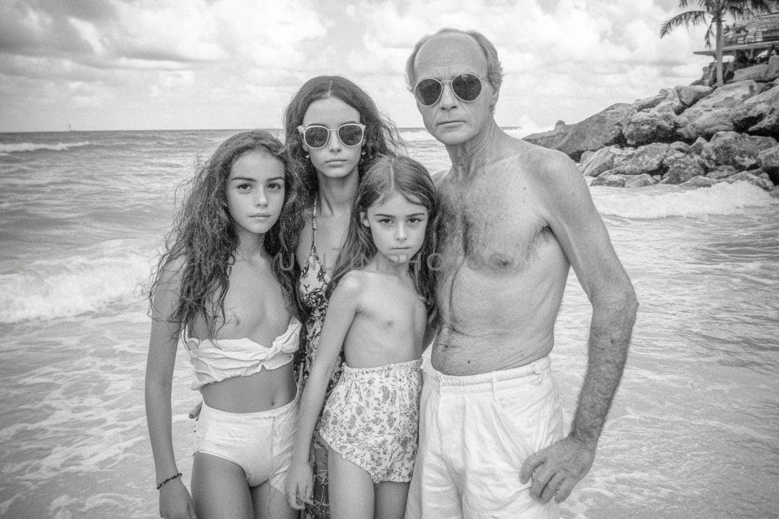 Family wearing white linen outfits is standing together on the beach, posing for a portrait with the ocean in the background