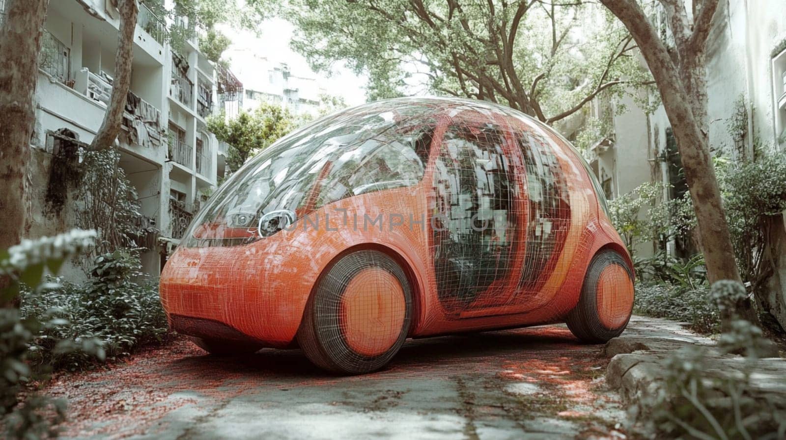 Driving through a street covered in volcanic ash, a man navigates an autonomous electric car parked near a house after a natural disaster