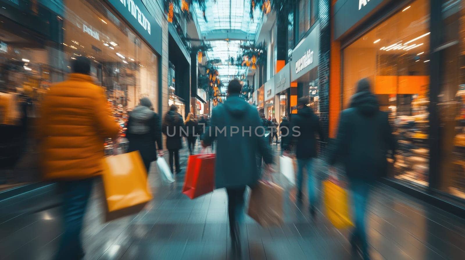 Bustling holiday shopping scene in ultra-realistic 8k at a busy mall.