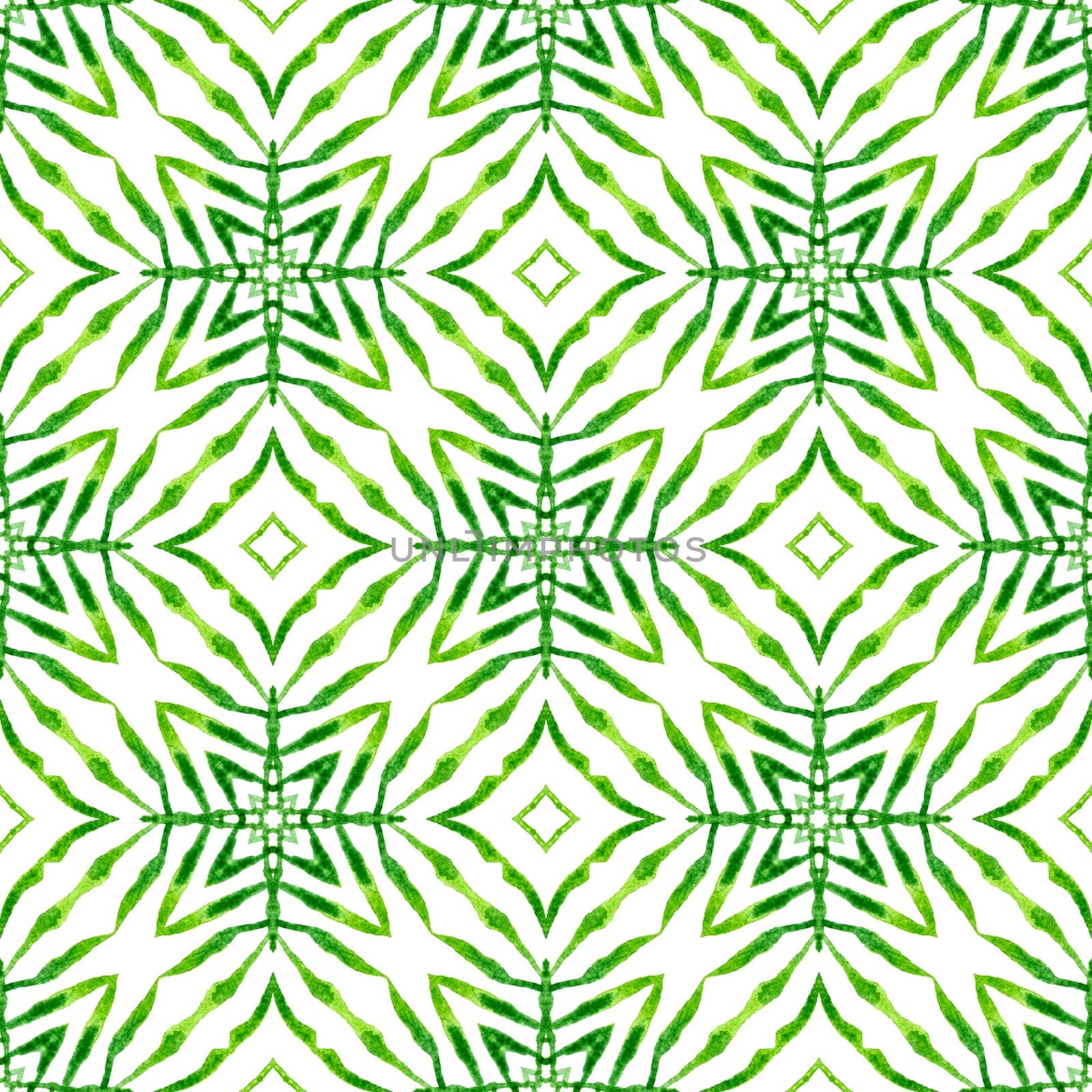 Ethnic hand painted pattern. Green fresh boho chic summer design. Textile ready fabulous print, swimwear fabric, wallpaper, wrapping. Watercolor summer ethnic border pattern.