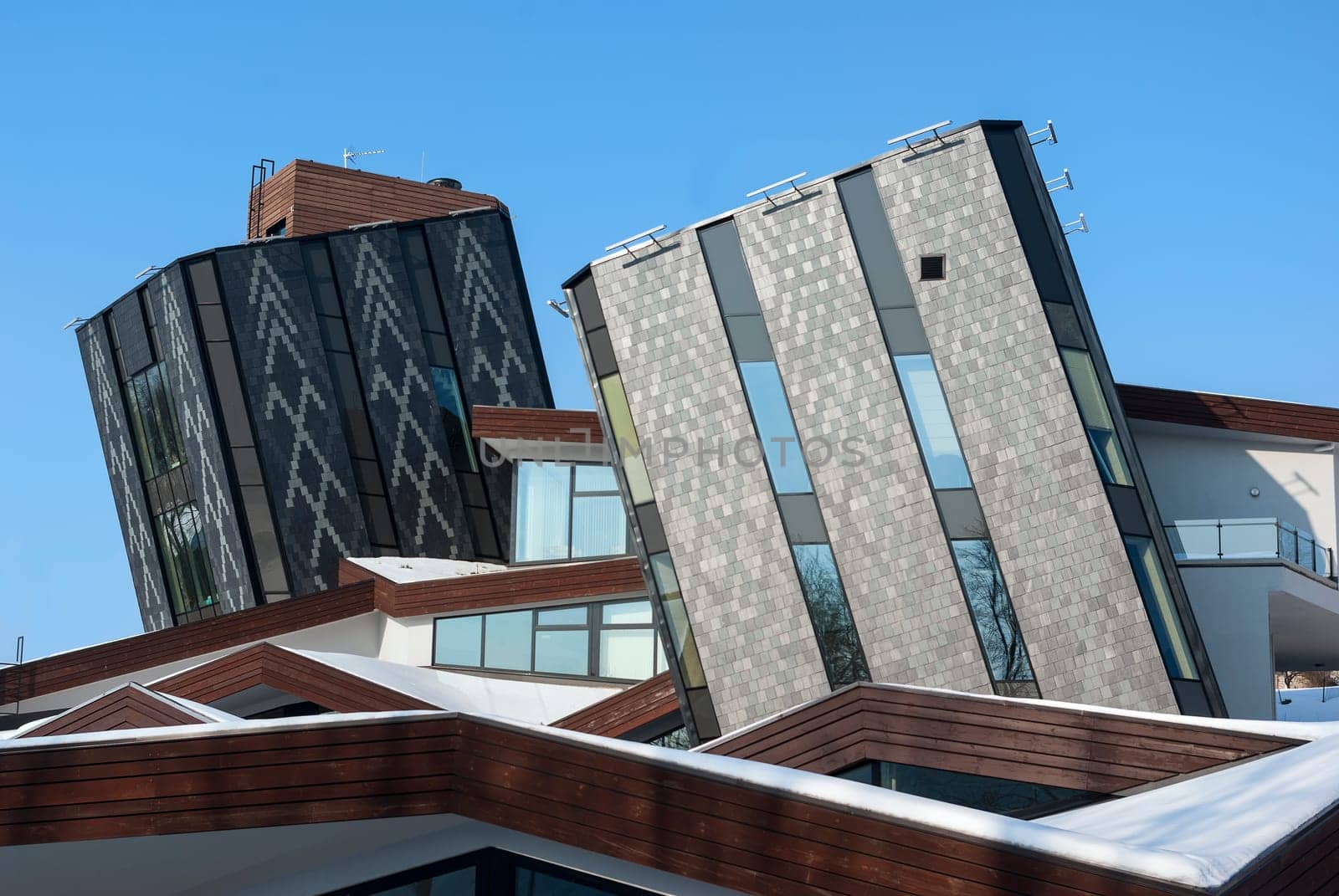 office building with white walls on blue sky