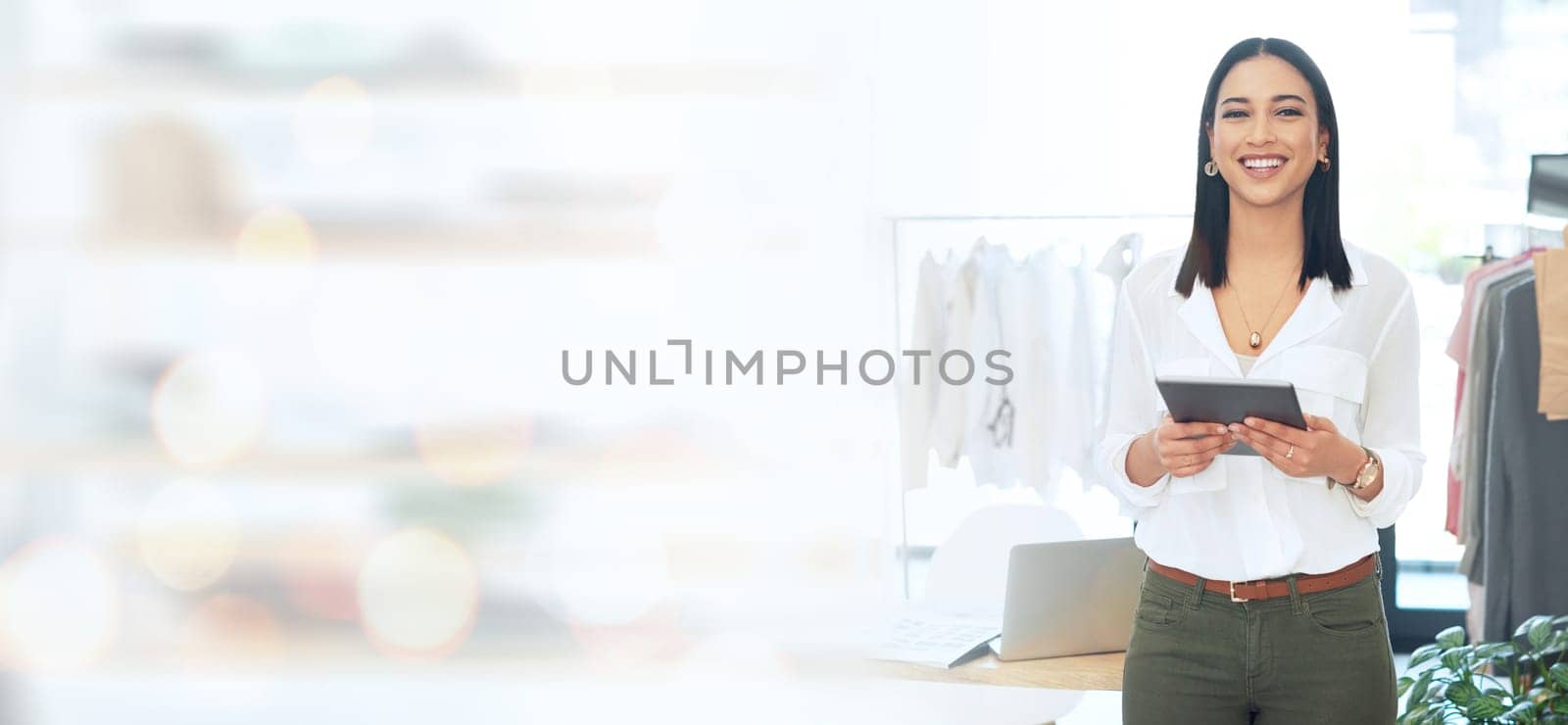 Portrait, banner and woman with business, tablet and store owner with network, smile or connection. Person, fashion designer or entrepreneur with technology, digital app or internet with online order.