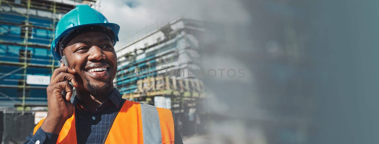 Phone call, engineering man and happy city planning, construction site communication and dust overlay or banner. African builder or project manager talking on mobile for architecture ideas and mockup.