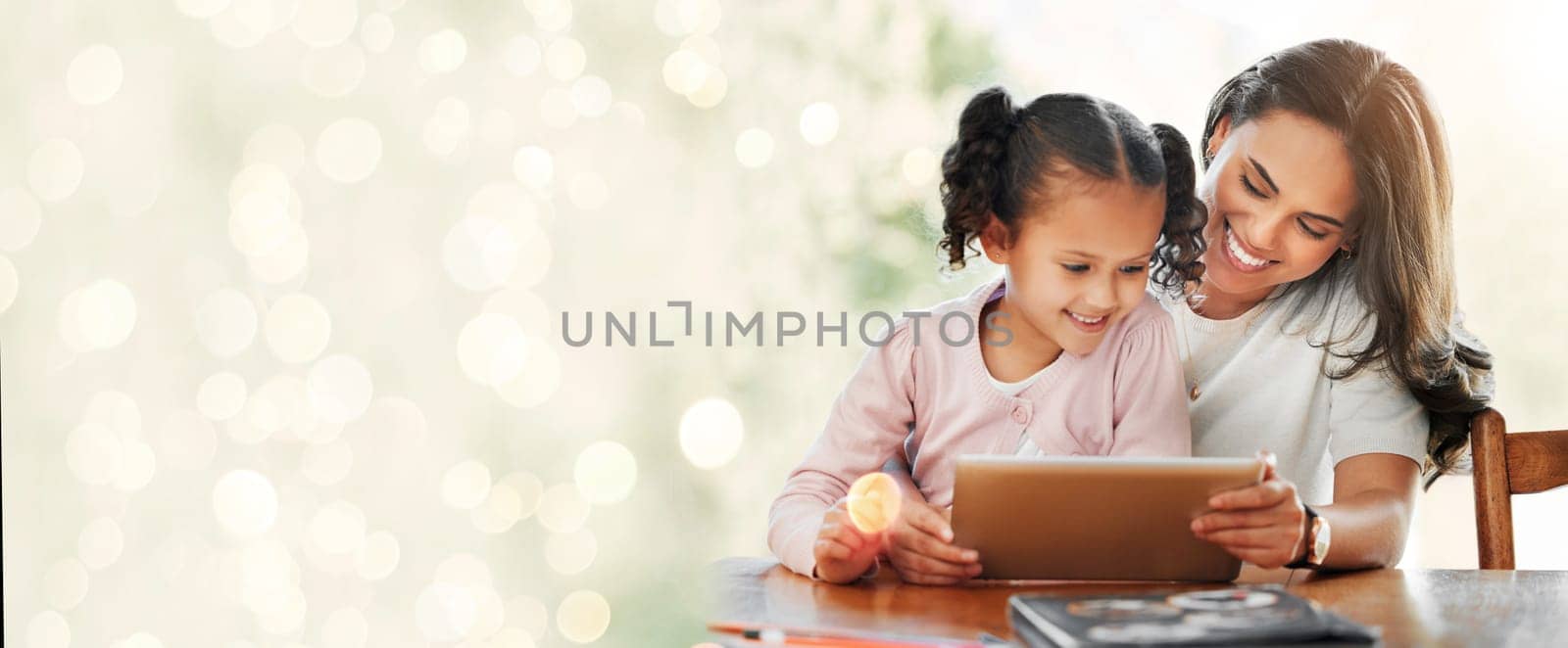 Mother, child and tablet for home education, e learning support and games for development on banner. Happy family, mom and girl on digital tech for kids video and school with lights overlay or mockup.