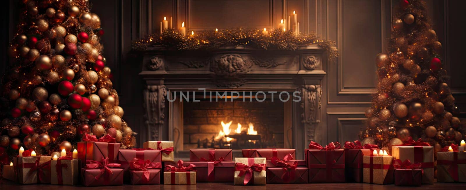 Decorated xmas table with Merry Christmas gifts in cozy Santa home interior, banner. Happy New Year presents boxes in workshop late in night with lights on xmas tree, holiday eve background