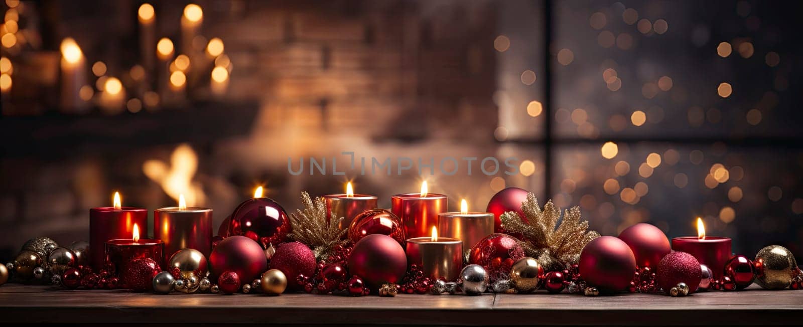 Decorated xmas table with Merry Christmas gifts in cozy Santa home interior, banner. Happy New Year presents boxes in workshop late in night with lights on xmas tree, holiday eve background