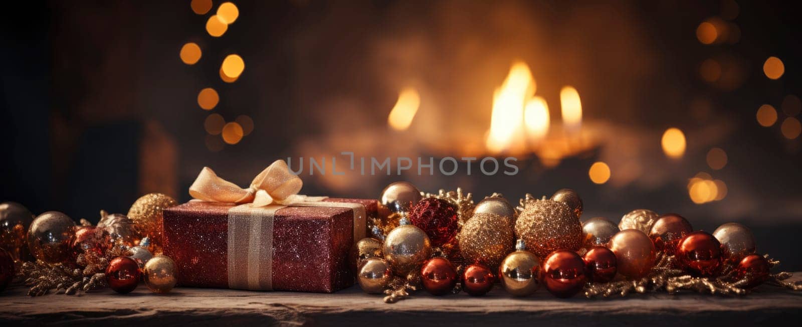 Decorated xmas table with Merry Christmas gifts in cozy Santa home interior, banner. Happy New Year presents boxes in workshop late in night with lights on xmas tree, holiday eve background