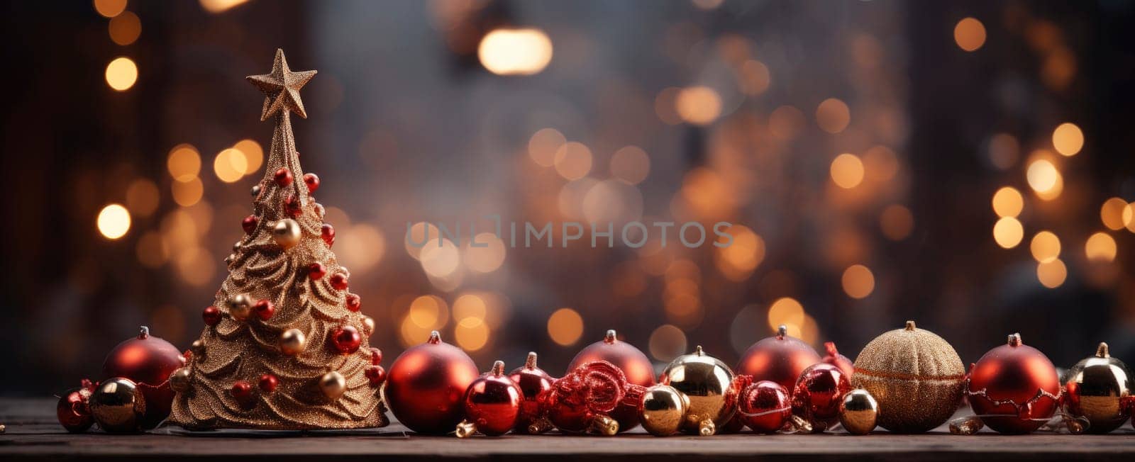Decorated xmas table with Merry Christmas gifts in cozy Santa home interior, banner. Happy New Year presents boxes in workshop late in night with lights on xmas tree, holiday eve background. by jbruiz78