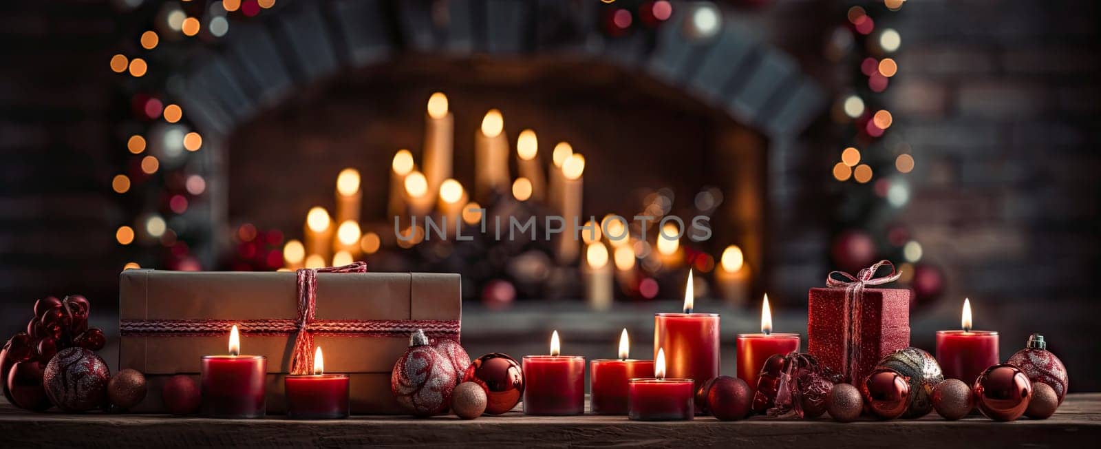 Decorated xmas table with Merry Christmas gifts in cozy Santa home interior, banner. Happy New Year presents boxes in workshop late in night with lights on xmas tree, holiday eve background. by jbruiz78