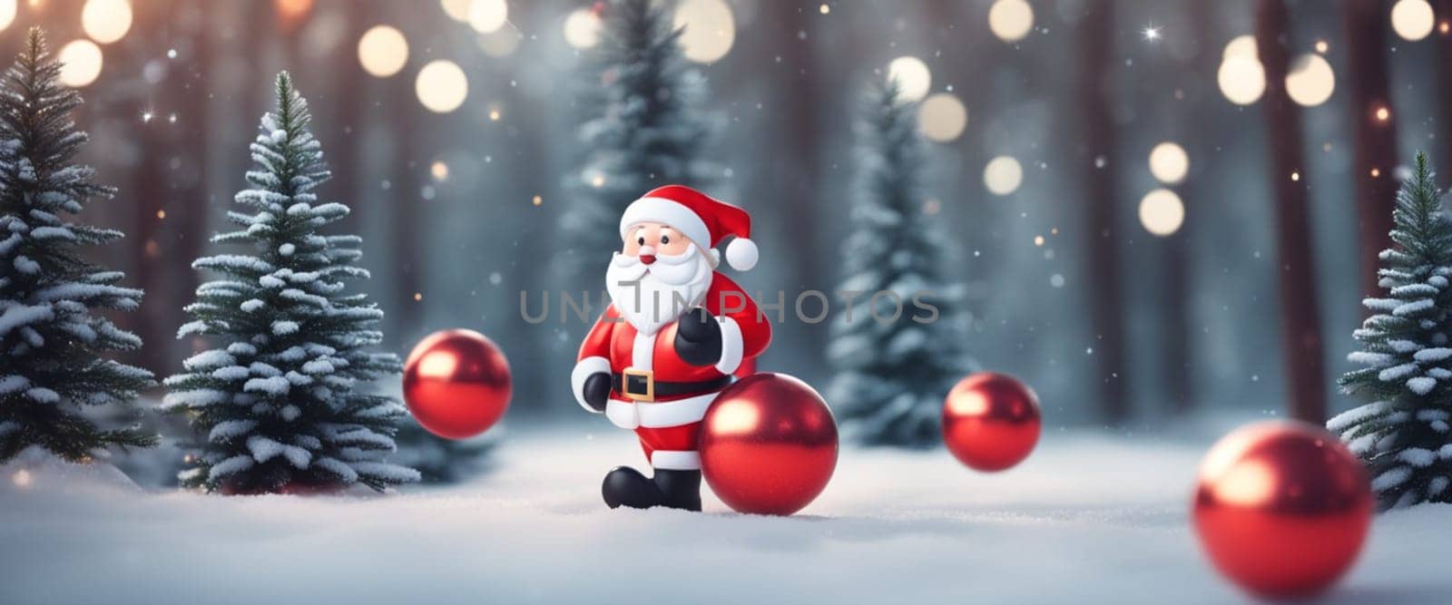 Santa Claus play and juggle with Christmas time ornaments outdoors in the snow at sunset generative ai art
