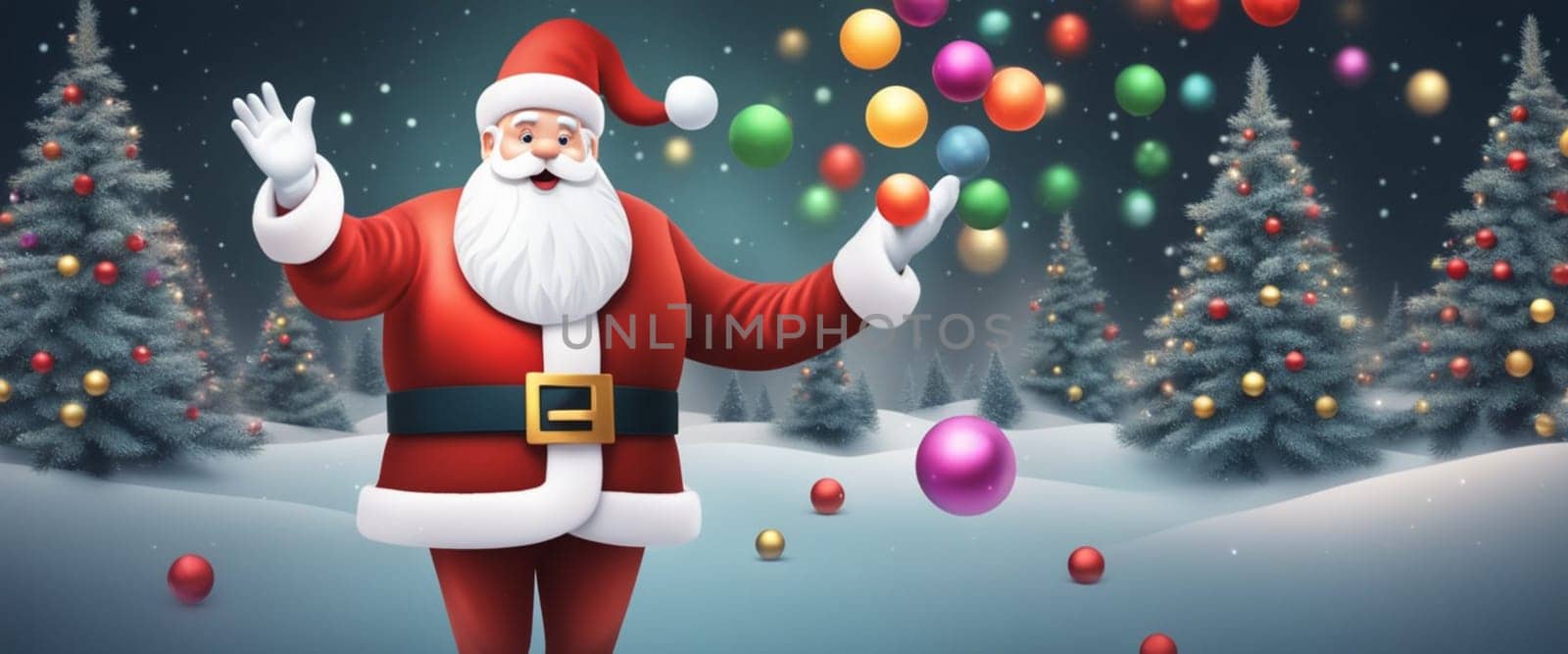 Santa Claus play and juggle with Christmas time ornaments outdoors in the snow at sunset by verbano