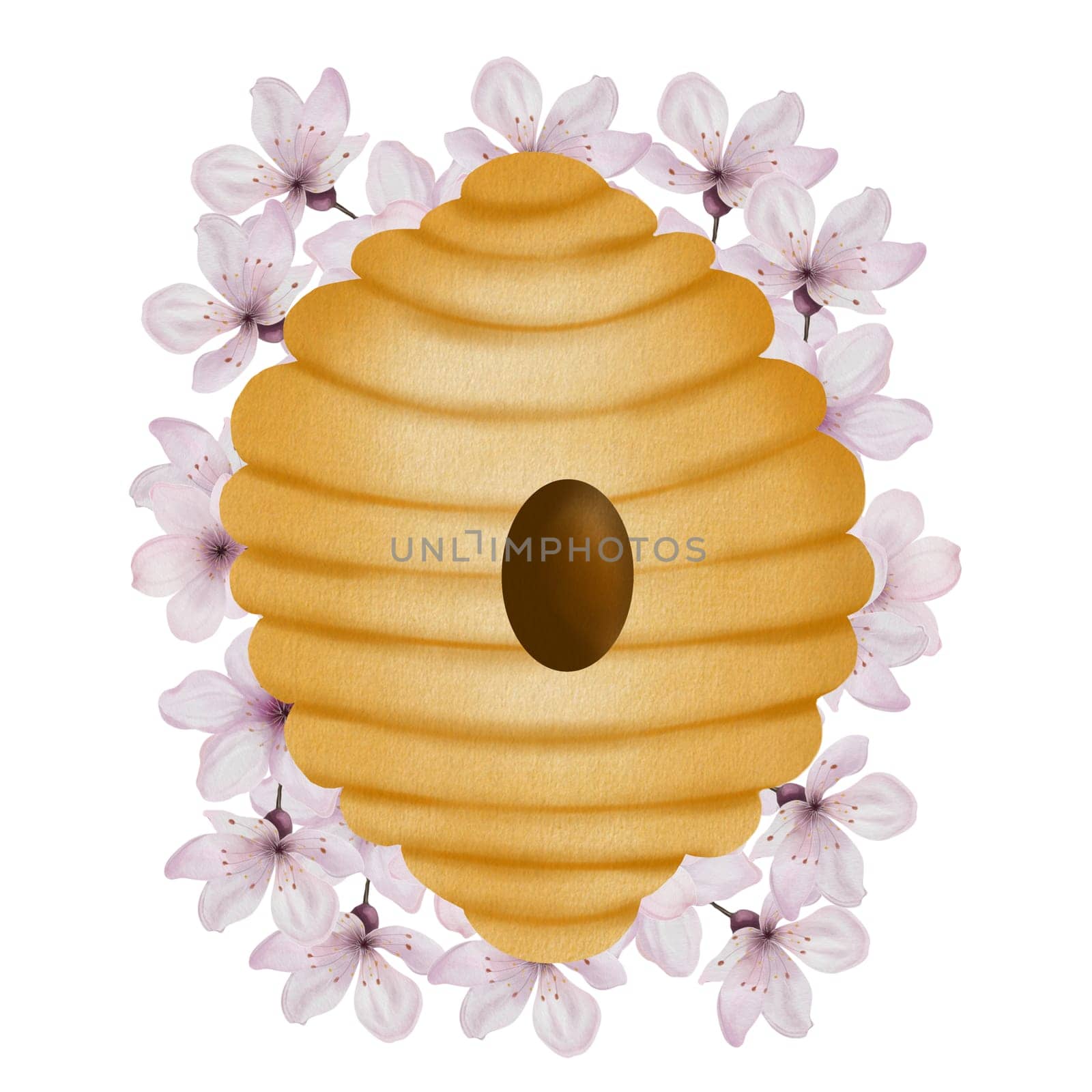 Bee hive watercolor. Hand drawn bee house with flowers on isolated white background. Clip art of bumblebee dwelling. Ideal for honey shop design, natural cosmetics and bee products. High quality illustration