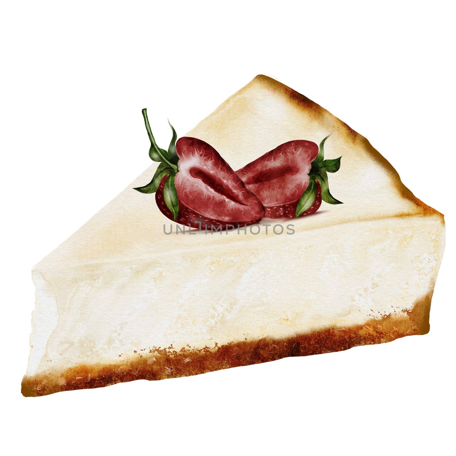 Classic cheesecake. Watercolor illustration of New York cheesecake on isolated white background. A piece of cottage cheese pie decorated with berries. Ideal for coffee shop, pastry shop menu and logo. High quality photo