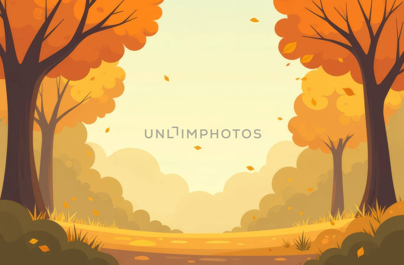 Road in autumn forest with trees and yellow orange leaves