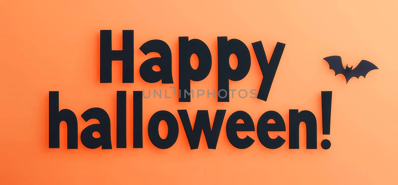 Happy Halloween description with festive black lettering and a bat on a vibrant orange background, perfect for holiday banners and cards