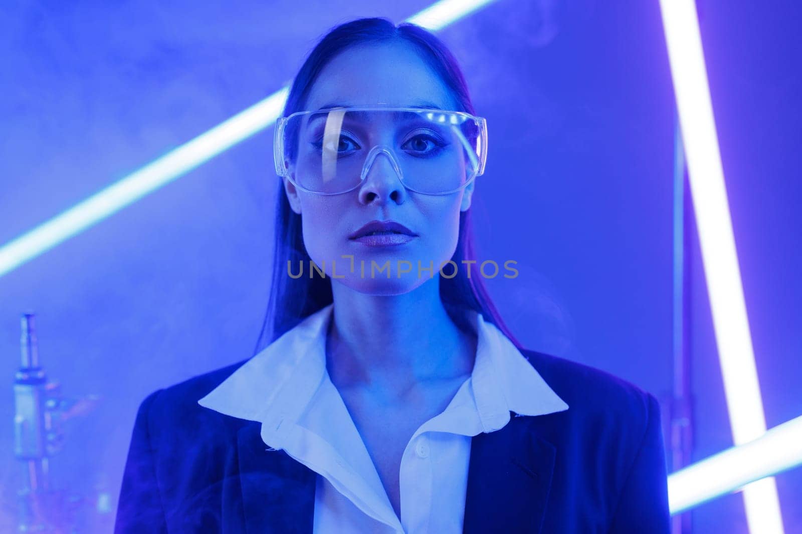 Concept of futuristic virtual reality technology or entertainment system. A woman lit up on the HUD interface