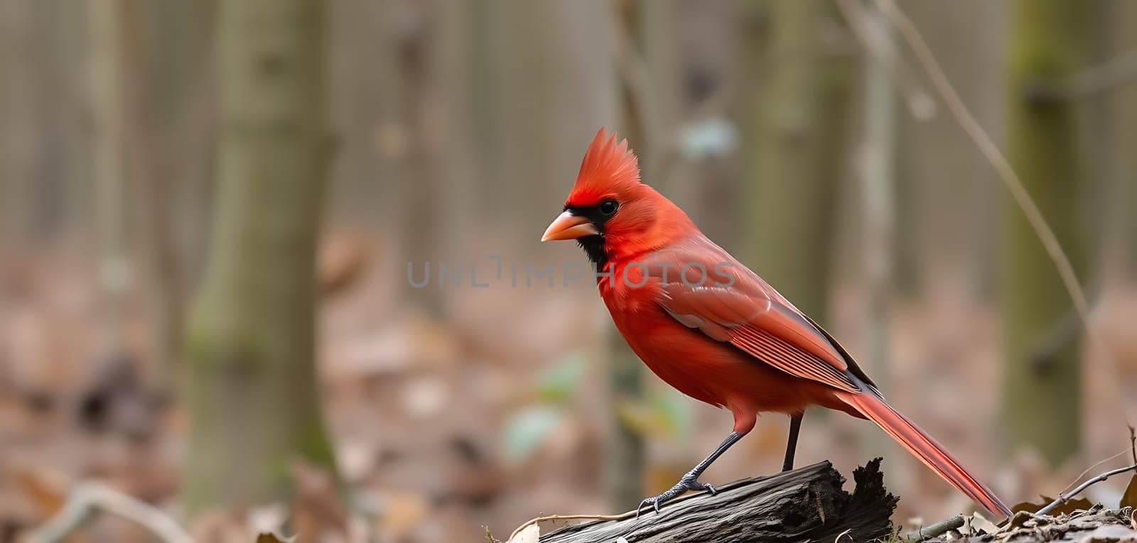 A bright red cardinal stands gracefully on a log, surrounded by soft earth tones of a tranquil forest, capturing the essence of nature's beauty.