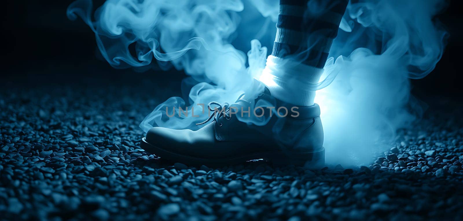 A dancer performs under a moonlit sky, their shoe partially engulfed in swirling blue mist on a gravel surface, creating a magical atmosphere.