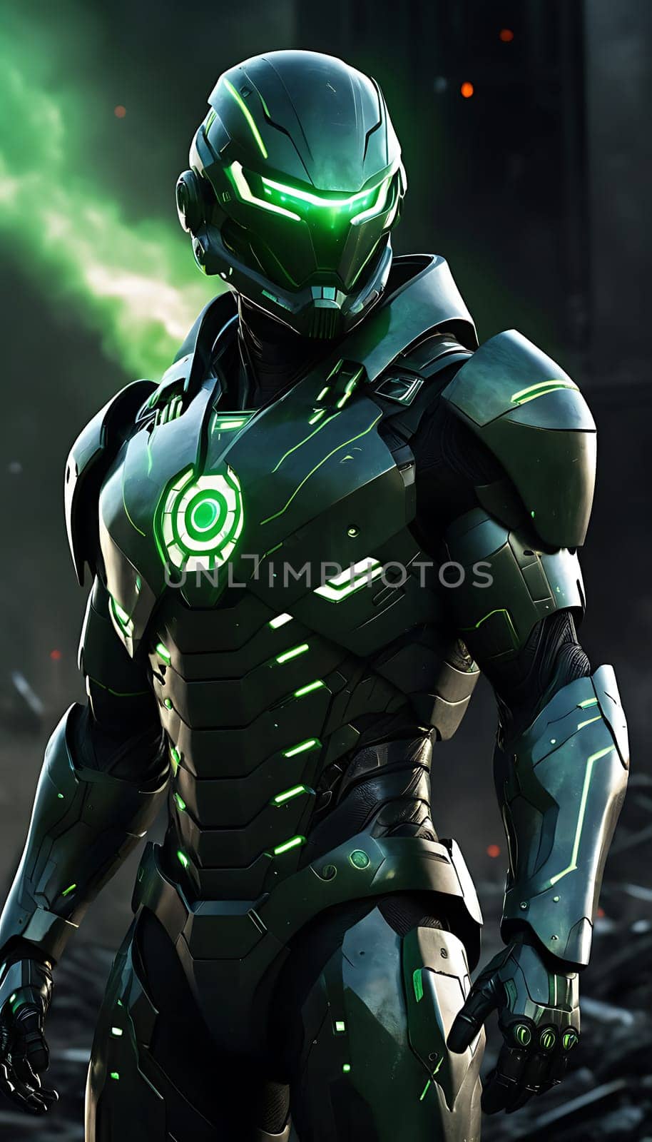 The armored figure, featuring a bright green emblem, stands ready for action against a backdrop of destruction as the last light of day fades. The atmosphere is tense and dramatic.