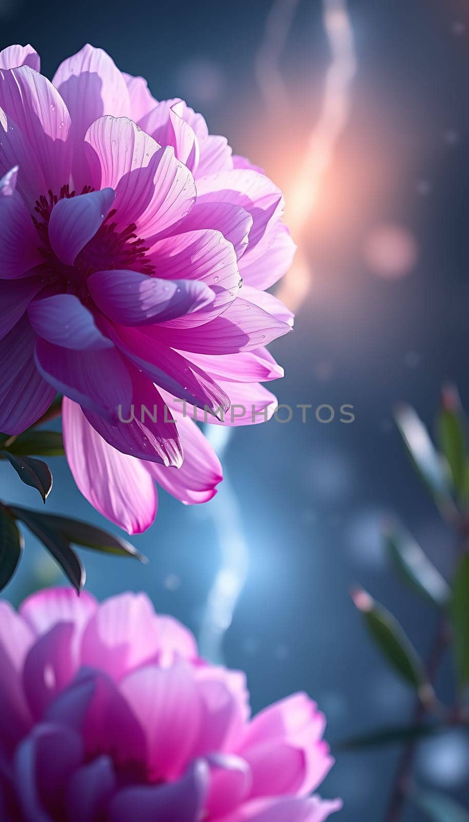 Vibrant pink flowers are in full bloom, gently illuminated by soft light. Their petals glisten, adding a touch of tranquility to the peaceful garden setting.