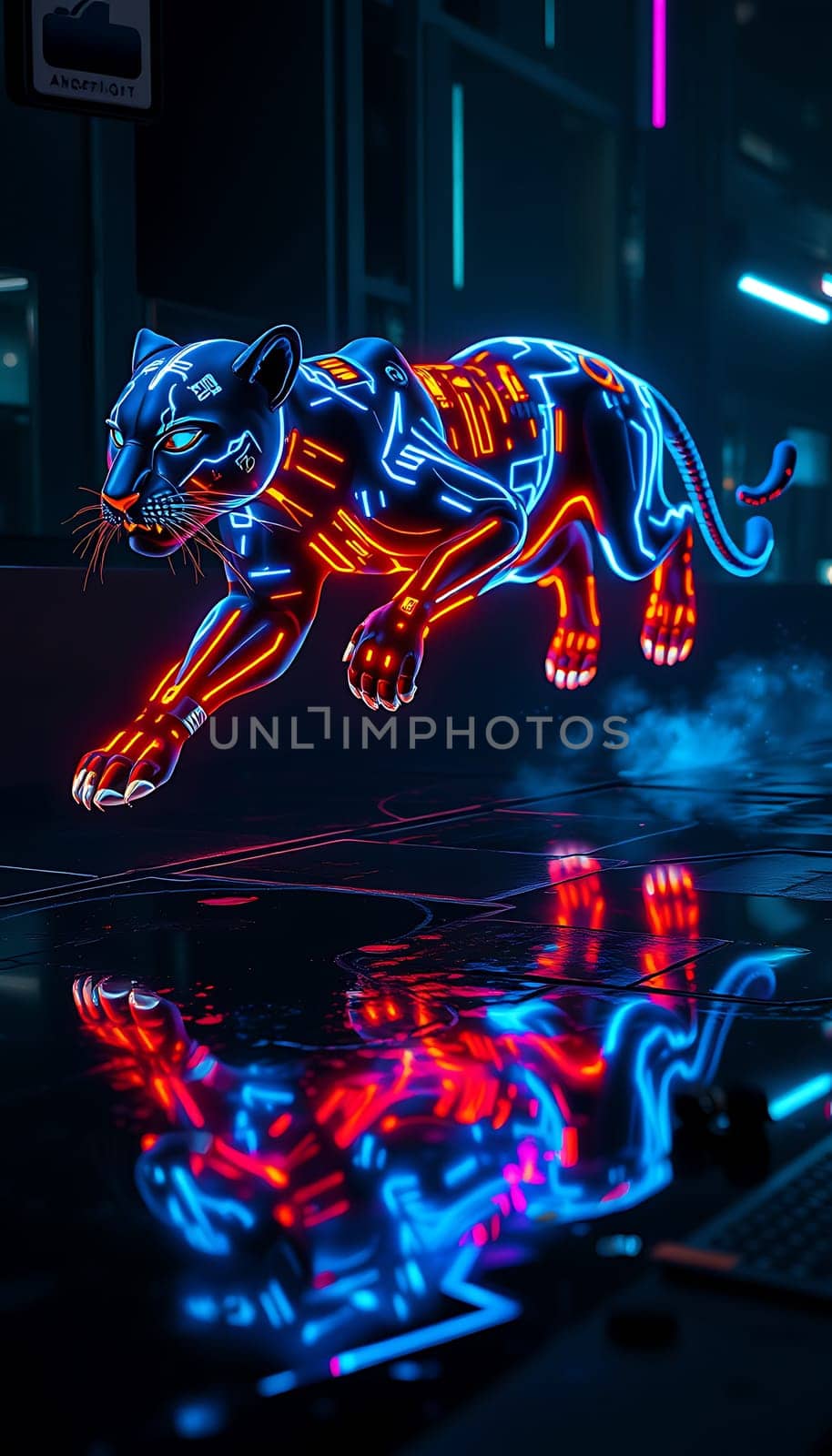 A cybernetic panther, illuminated in vivid blue and orange neon lights, is seen leaping gracefully through a futuristic city at night, casting a striking reflection on the rain-soaked street.