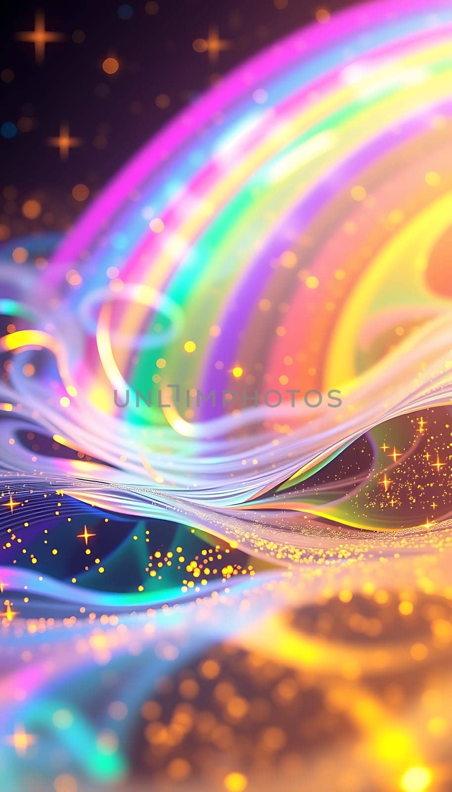 Colorful light beams cascade through the darkness, creating a mesmerizing glow. Sparkling particles dance in the air, enhancing the enchanting atmosphere.