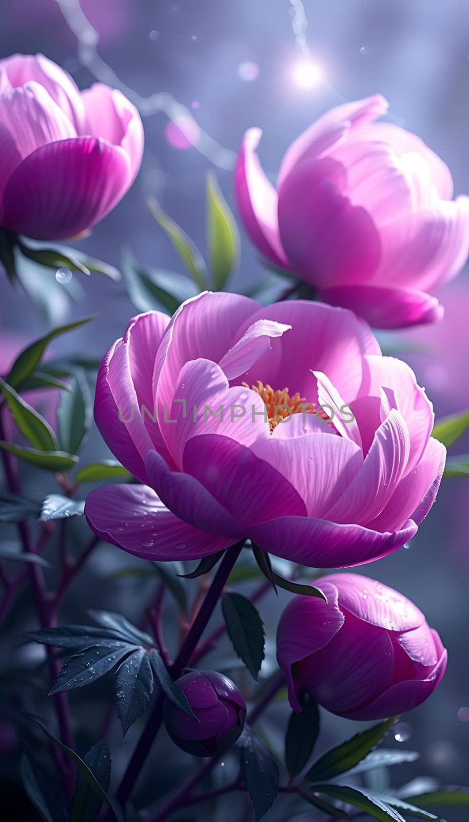 Delicate pink peonies open to reveal their lush petals, surrounded by verdant leaves, creating a serene atmosphere in a tranquil garden during the morning.