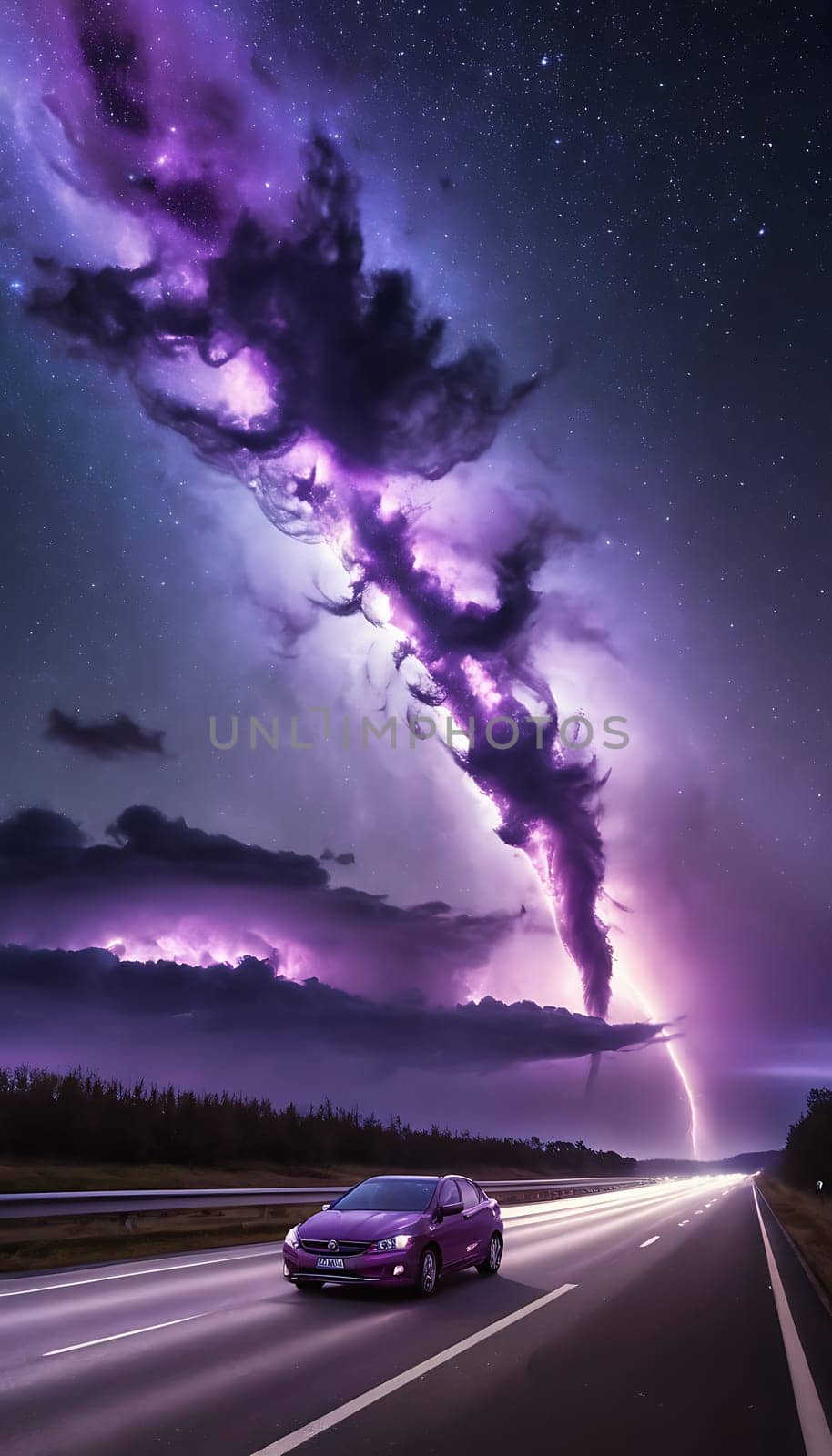 A dramatic lightning storm showcases swirling purple clouds and electric flashes against the night sky near a highway, creating a breathtaking natural display.