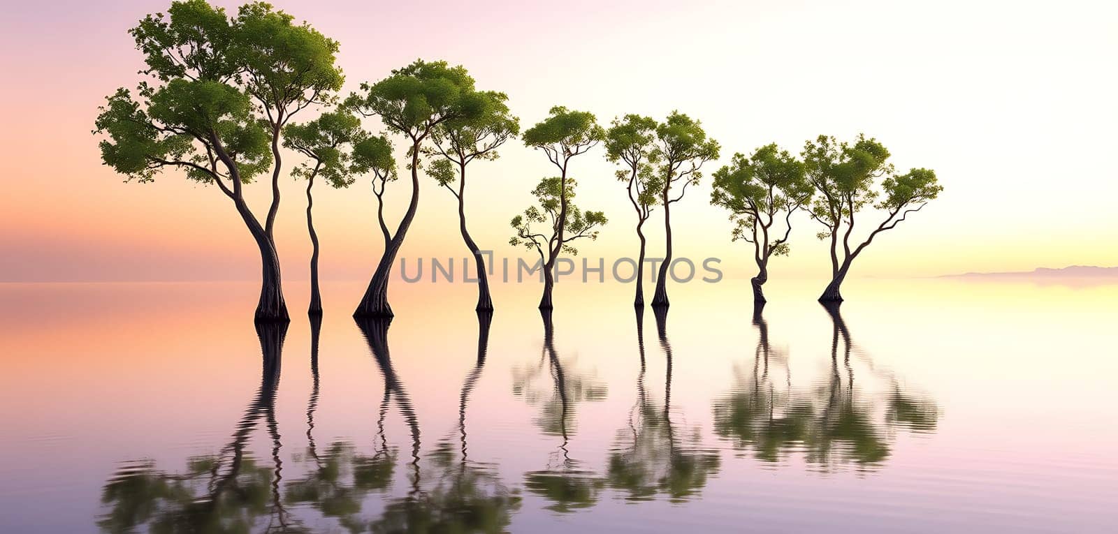 The tranquil landscape showcases silhouetted trees standing in shallow water as the sun sets, painting the sky in soft pastel hues. Reflections create a peaceful atmosphere.